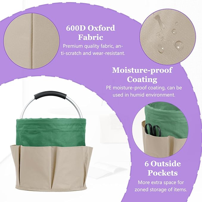 Set of 2 Foldable Cleaning Caddy for Cleaning Supplies, 17L Household Tool Bucket Organizer for Men, Large Cleaning Basket in 600D Oxford Fabric for Travel, Garden, Khaki with Green