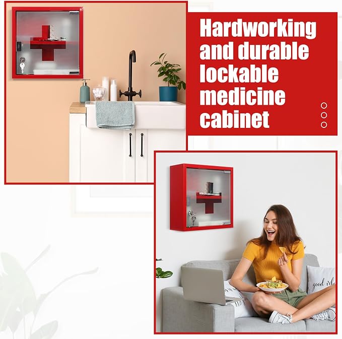 Timgle First Aid Wall Cabinet with Lock Medicine Wall Mounted Bathroom Storage Hanging Medical Cabinet with Safety Glass Door for Bathroom(2 Shelves,Red)