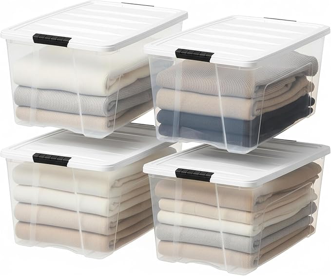 IRIS USA 72 Qt Storage Bins with Lids, 8 Pack, BPA-Free, Clear/White | Great for storing clothing, blankets, moving supplies, garage gear, and seasonal household items.