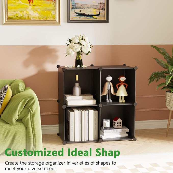 C&AHOME Plastic Cube Storage Organizer, 4-Cube Shelves Units, Black | DIY Modular Bookshelf, Portable Closet Organizers and Storage Ideal for Bedroom, Office, 24.8" L x 12.4" W x 24.8" H