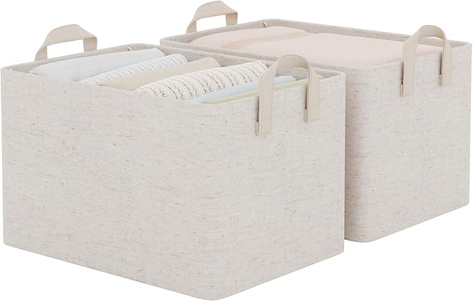 StorageWorks Linen Closet Organizers, Fabric Storage Bin, Beige, 2-Pack | Large, With Reinforced PU Handles, Metal Frame, Collapsible, Basket for Shelves, Closet, Holds Clothes, Towels, Blankets