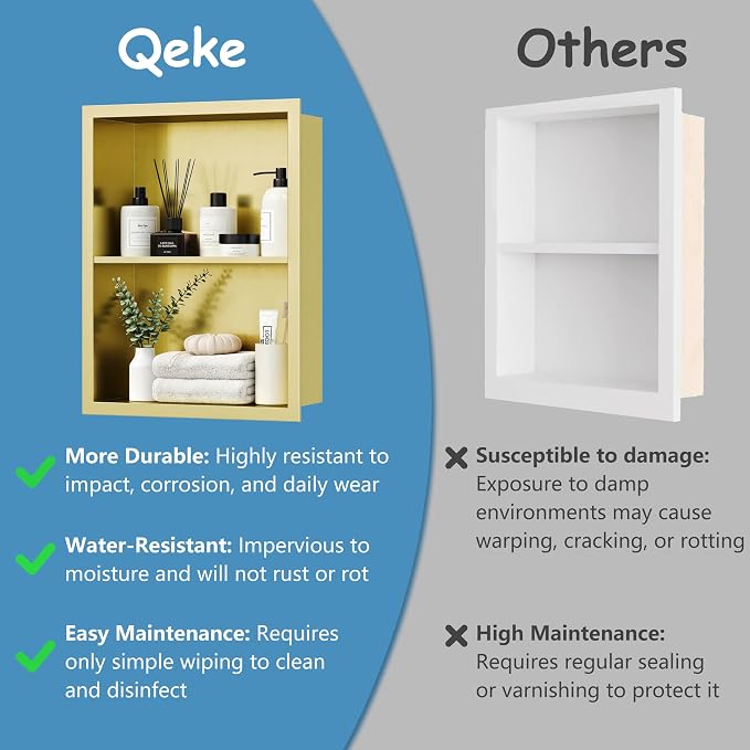 Qeke 14x 18 Medicine Cabinet Recessed with Double Shelves, Brushed Golden | 304 Stainless Steel Medicine Cabinet without Mirror, No Tile Needed Wall Niche for Bathroom Storage, Space Saving & Durable