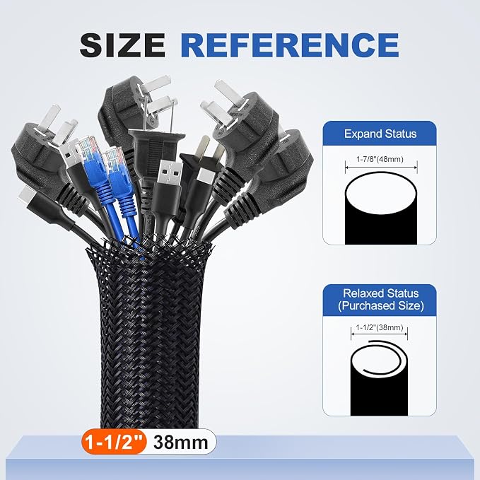 1-1/2" Cable Management Loom Wrap Sleeve Cord Wire Hider Organizer Covers | ELECFUN 8ft