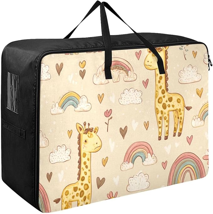 Comforter Storage Bags Large Folding Blanket Organizer Bag with Strong Handles Clear Window Closet Storage Containers for Clothes King Queen Pillows Bedding Quilt Duvet Cute Giraffes Rainbows C