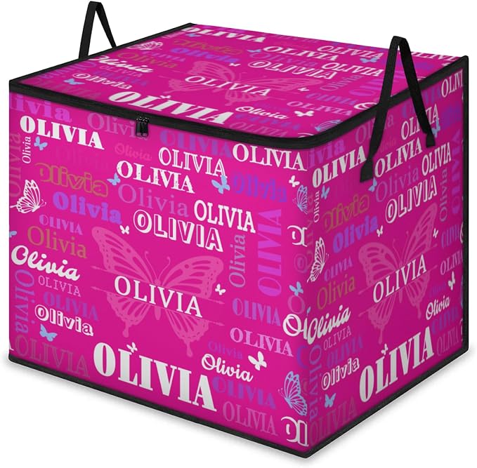 Custom Name Storage Bin with Lid, Personalized Extra Large Rosy Pink with Butterflies Storage Basket with Handles Zippers for Organizing Comforters, Blankets, Bedding Closet Shelf Baskets
