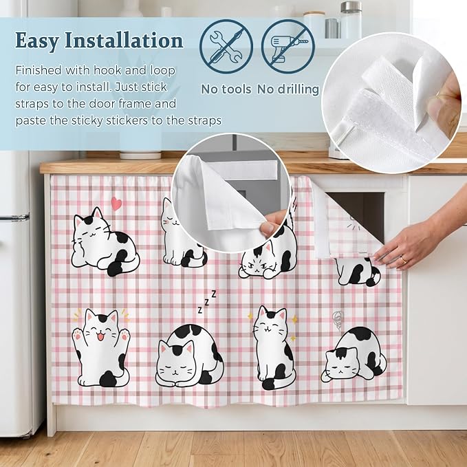 Cute Cat Cabinet Dishwasher Hidden Curtains, Privacy Closet Door Curtain, Modern Playful Pet Cats Pink Brown Plaid Adhesive Dust Proof Under Sink Skirt for Bathroom Kitchen 35"x35"