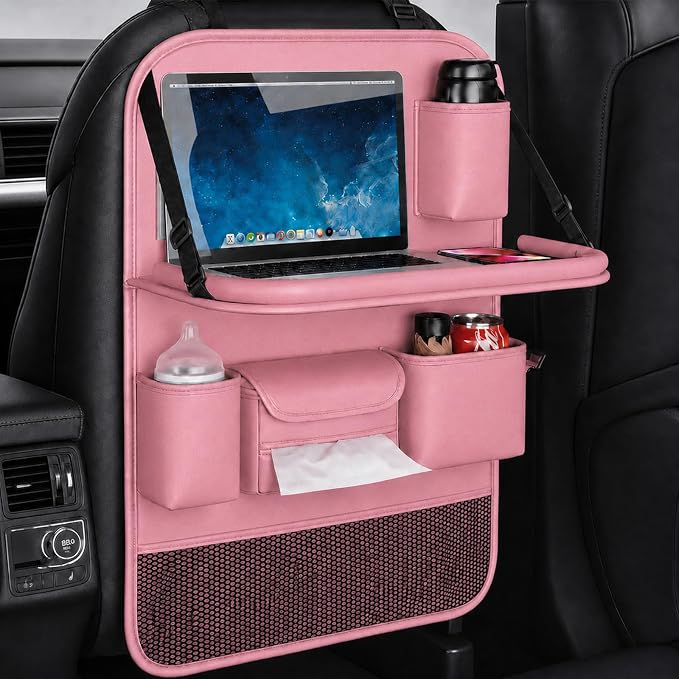 2 Pack Leather Car Backseat Organizer with Foldable Table Tray, Universal Car Seat Back Protector Kick Mat with Touchscreen Tablet Holder, Storage Pockets, Cup Holders & Tissue Holder, Pink