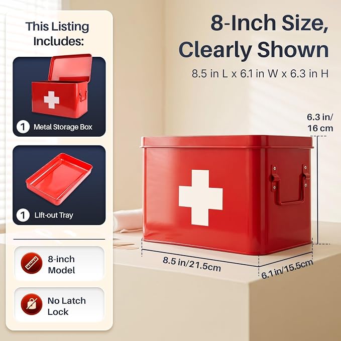 Flexzion Large Metal First Aid Box Empty, 8.5-Inch, Red with White Cross | Vintage Medicine Box and First Aid Storage Organizer with Removable Tray and Dividers; Empty Box Only, Supplies Not Included