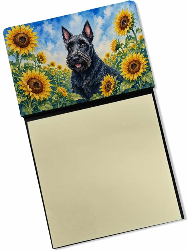 Caroline's Treasures Scottish Terrier in Sunflowers Watercolor Sticky Note Holder Refillable Dispenser Desk Accessory 3x3 Pad Gift