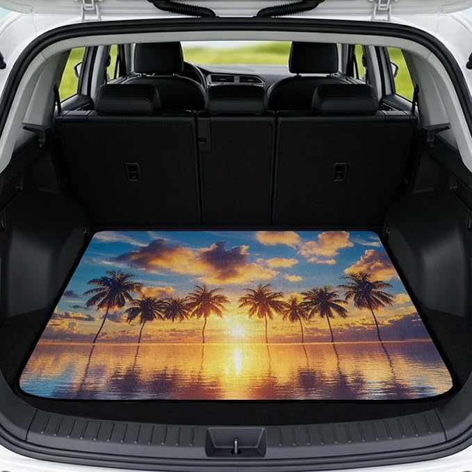 Howilath All Weather Car Trunk Liner Cargo Mat for SUV Sedan Truck, Non-Slip Tropical Sunset Palm Beach Rear Trunk Protector, Ideal for Daily Commute & Weekend Adventure