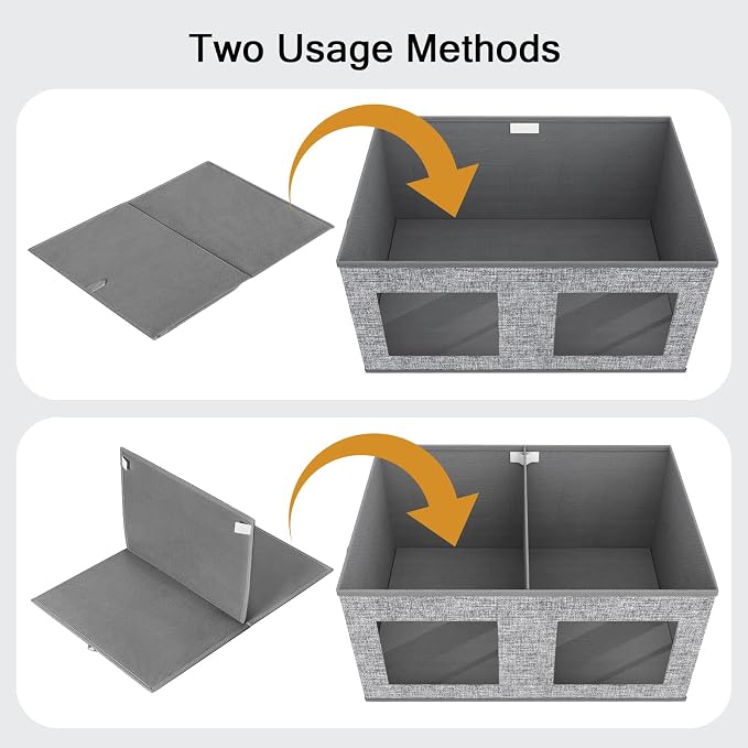 Univivi Large Fabric Storage Bins with Lids for Clothes 2 Pack, Grey | 24 x 17 x 12 In Foldable Storage Boxes with Handles, Clear Window, Closet Organizers for Home, Bedroom