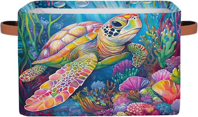 Pardick Colorful Sea Turtle Basket Storage Bins Large Fabric Toys Storage Cube Box with Handles Collapsible Closet Shelf Cloth Organizer Basket for Nursery Bedroom Bathroom Holiday Gift