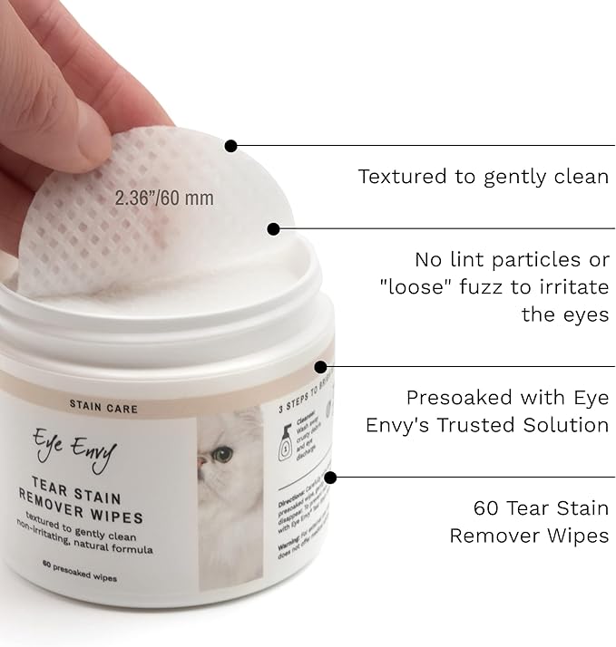 Eye Envy Tear Stain Wipes for Cats. Textured to Gently Clean Tear Stains. Natural Formula. Recommended by Persian & Exotic Breeders, Groomers. USA Made. 60 Cat Eye Wipes