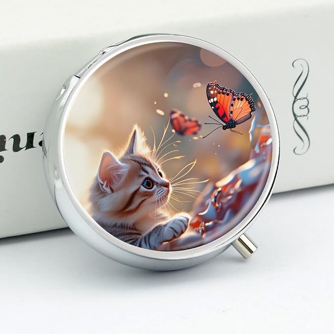 Kitten with Butterfly Metal Round Pill Box, 3 Compartment Travel Organizer, Portable Pill Container with Secure Latch, 2 Inch Circular Vitamin Caddy for Pills and Vitamins, Gift for Him Her Elderly
