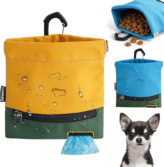 LIOPARD Portable Dog Treat Pouch, Hands-Free Pet Training Snack Bag with Carabiner, Auto-Closing Nylon Fabric Dog Walking Bag for Outdoor Use & Puppy Travel (Yellow)