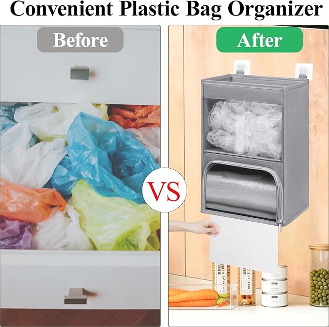 2-in-1 Plastic Bag Holder with Clear Window, Large Grocery Bag Holder and Garbage Bag Dispenser with Easy-Access Openings, Trash Bag Organizer for Kitchen RV Cabinet Wall Mounted(Gray)