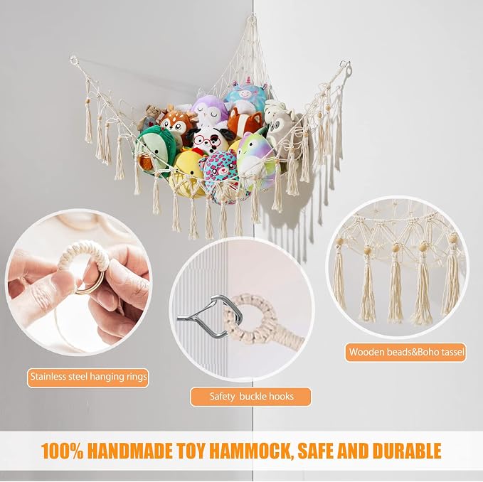 Stuffed Animal Storage Macrame Boho Plush Toy Net Hammock Room Decor | Stuffed Animals Hammock Plushie Net for Stuffed Animals Corner Hanging Holder Teddy Bear Net for Kids Girls Room Decor