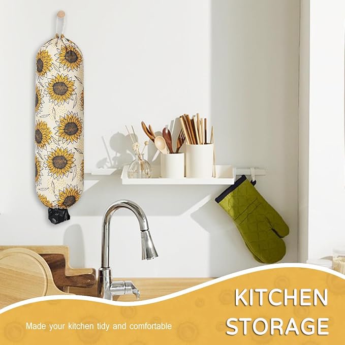 Plastic Bag Holder, Reusable Grocery Bag Holder for Plastic Bags Groceries Store, Flower Canvas Trash Plastic Bag Organizer Storage Holders for Home Kitchen Pantry Decor (Yellow Sunflower)