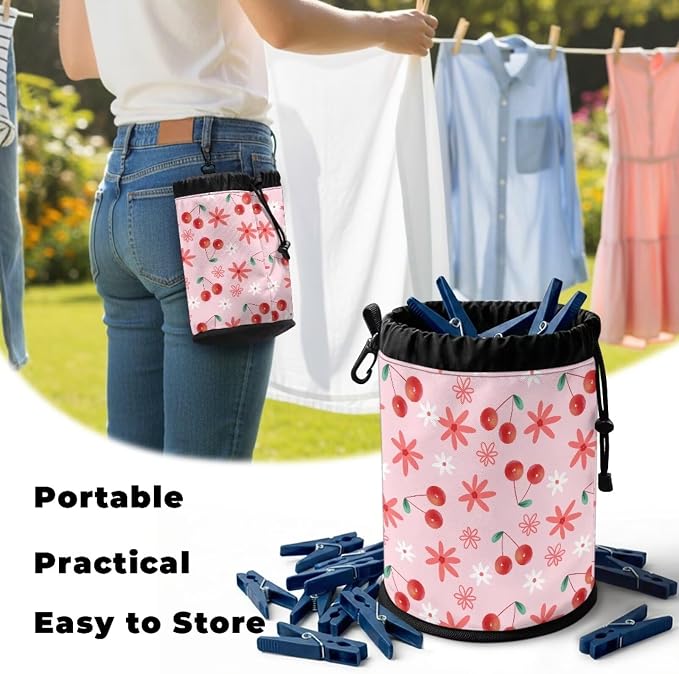 Cherry Floral Clothespin Bag Holder Outside, Multiple Hanging Methods Clothes Pin Bag with Drawstring Closure, Ventilation Clothespin Storage Organizer with Hooks