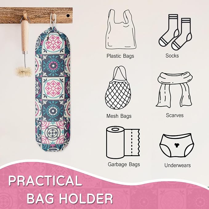 Plastic Bag Holder, Reusable Grocery Bag Holder for Plastic Bags Groceries Store, Flower Canvas Trash Plastic Bag Organizer Storage Holders for Home Kitchen Pantry Decor (Colorful Boho Style)