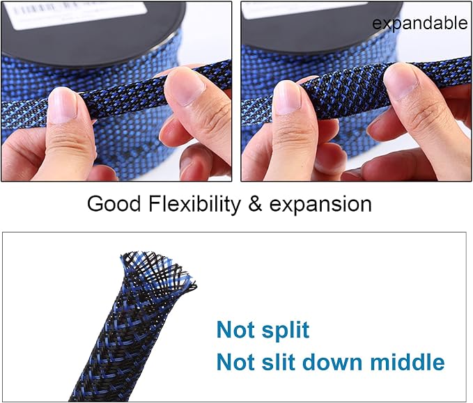 100ft - 1/2 inch PET Expandable Braided Sleeving – BlackBlue – Alex Tech Braided Cable Sleeve