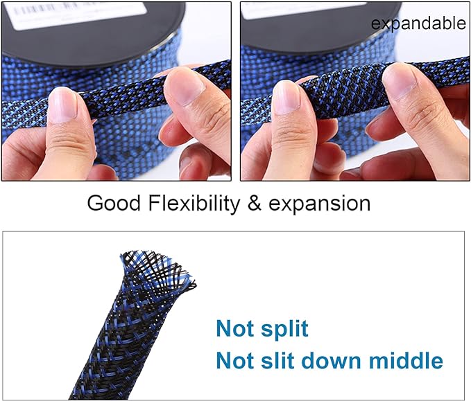 25ft - 1/2 inch PET Expandable Braided Sleeving – BlackBlue – Alex Tech Braided Cable Sleeve