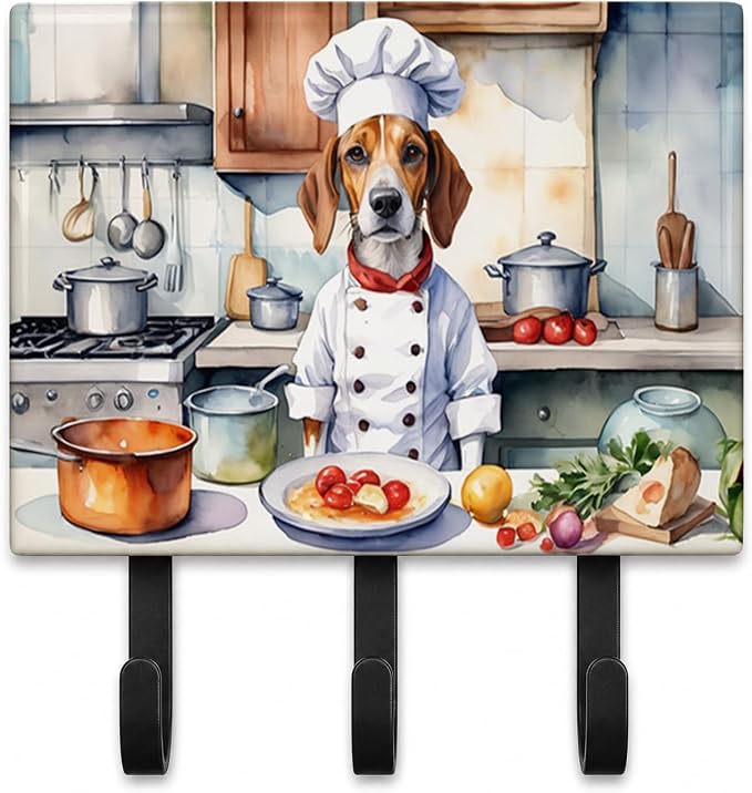 Caroline's Treasures English Foxhound The Chef Leash or Key Holder Wall Hooks, Key Hooks Holder, Coat Rack Wall Mount, Coat Hooks, Hooks for Hanging Keys, Towels, Aprons, Leashes | English Foxhound The Chef artwork on ceramic tile with three steel hook...