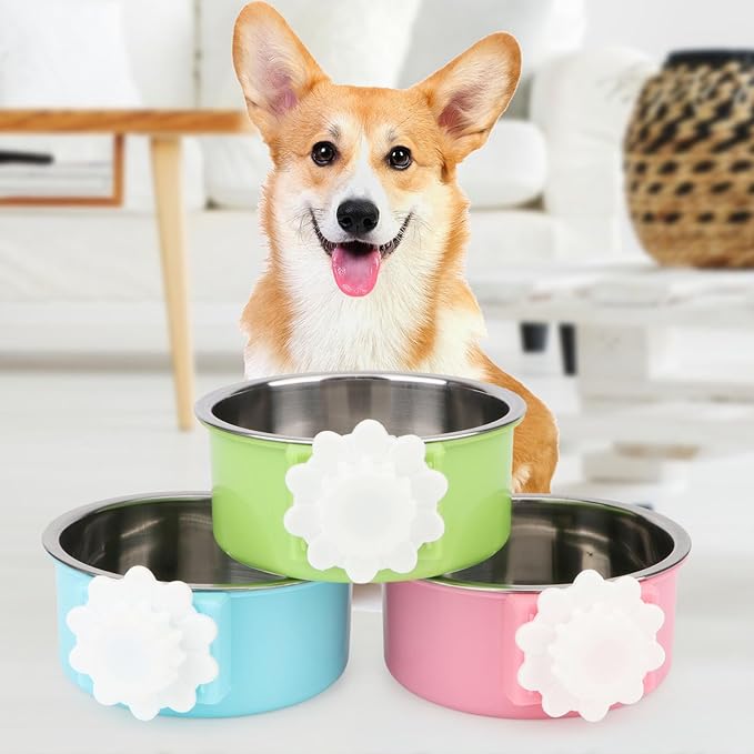 Crate Dog Bowl,Removable Stainless Steel Kennel Water Hanging Food & Water Feeder Crate Water Bowl No Spill for Puppy,Cat,Rabbit,Guinea Pig (Blue+Green)