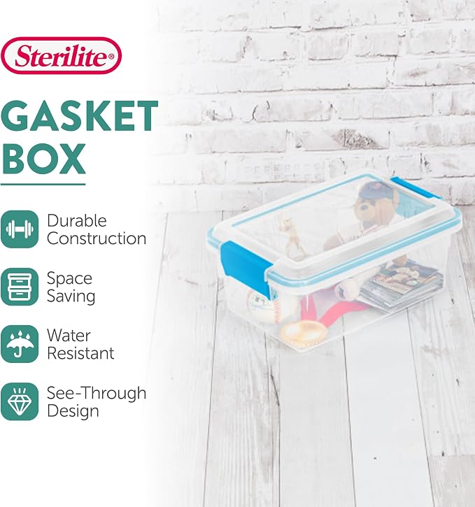 Sterilite Gasket Storage Box with Lids for Home & Office, 7.5 Quart, 6-Pack | Heavy-Duty, Stackable, and Organizing Containers for Bathroom, Cabinet, Closet, and Garage, Clear and Blue Aquarium Latches