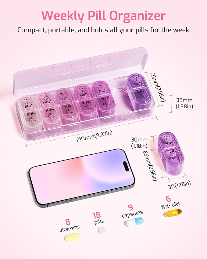 Daviky Pill Organizer 2 Times a Day, AM PM Pill Organizer Box Weekly 7 Day | Portable Travel Pill Organizer, Cute & Compact, Easy-Open Large Compartments, Reusable for Pills, Vitamins & Supplements