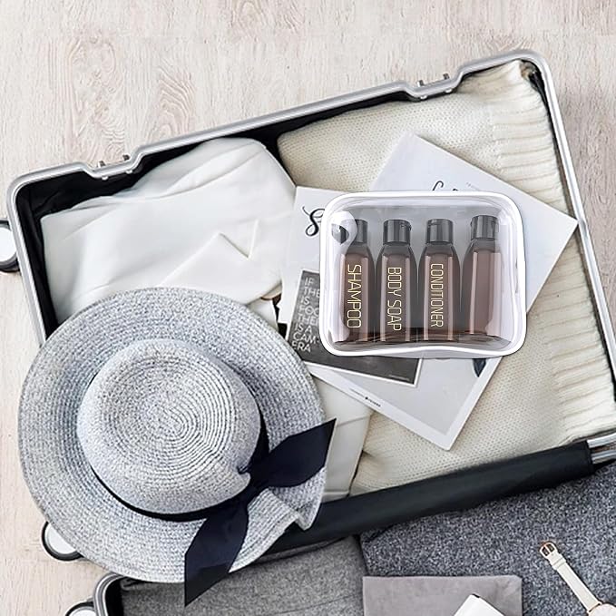 Cosywell 4 Pack 3.4 oz Preprinted Travel Bottles for Toiletries | Brown Bottles are Preprinted with SHAMPOO, CONDITIONER and BODY SOAP, One is Blank, Includes Flip Caps and a Toiletry Bag