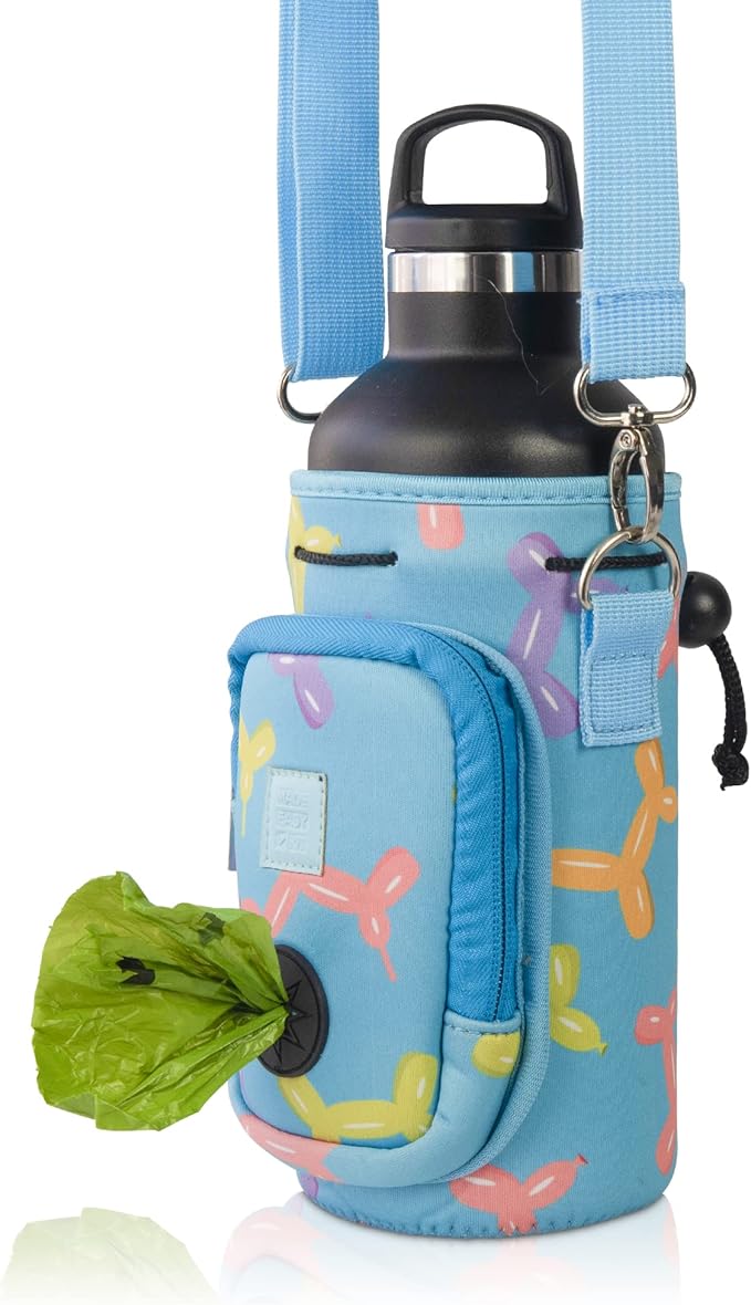 Made Easy Kit Water Bottle Carrier with Pocket for Dog Poop Waste Bags and Adjustable Padded Shoulder Strap (Large (32oz) with Bowl, Blue, Balloon Dogs)