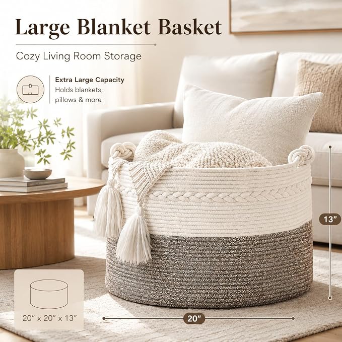 KAKAMAY Large Blanket Basket (20"x13"),Woven Baskets for storage Baby Laundry Hamper, Cotton Rope Blanket Basket for Living Room, Laundry, Nursery, Pillows, Baby Toy chest (White/Beige) | Extra Large Capacity | Natural Cotton Rope | Blanket Storage | W...