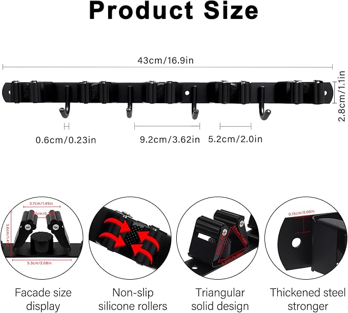 2 Packs SUS304 Heavy Duty Mop and Broom Holder Wall Mount | 5 Racks and 4 Hooks Broom Organizer Storage Tool Racks, Self Adhesive Solid Non-slip for Home Kitchen Garden Laundry Garage