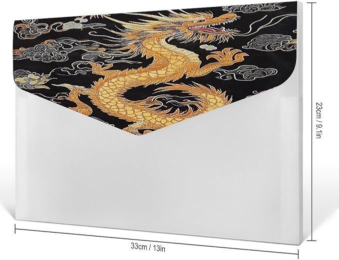 Portable Dark Fire Chinese Golden Dragon Japanese Totem Black File Folders with 6 Pocket, Letter Size, Folder for Office Family College Necessities