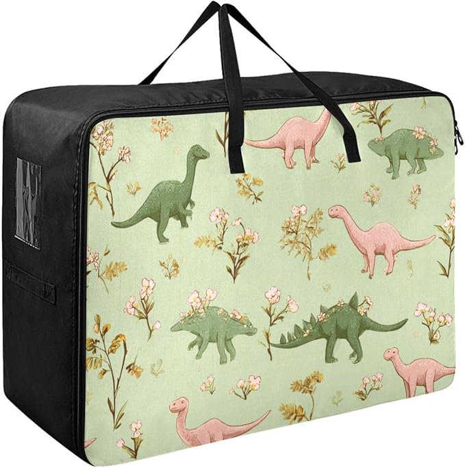Comforter Storage Bags Large Folding Blanket Organizer Bag with Strong Handles Clear Window Closet Storage Containers for Clothes King Queen Pillows Bedding Quilt Duvet Pink Flower Green Dinosa