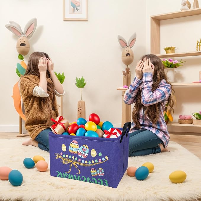 Dinosaur Easter Basket for Kid Large Empty Baby Rectangular Cute Easter Gift Bunny Eggs Décor Storage Basket (Skeleton Dinosaur)