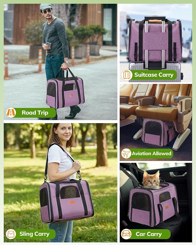 Morpilot Pet Carrier for Large Cats, Puppies & Small Dogs Up to 25lbs | Escape-Proof with Locking Zippers, Dual-Sided Cushion, Safety Buckle for Car & Vet Travel, Includes Foldable Bowl (Purple)