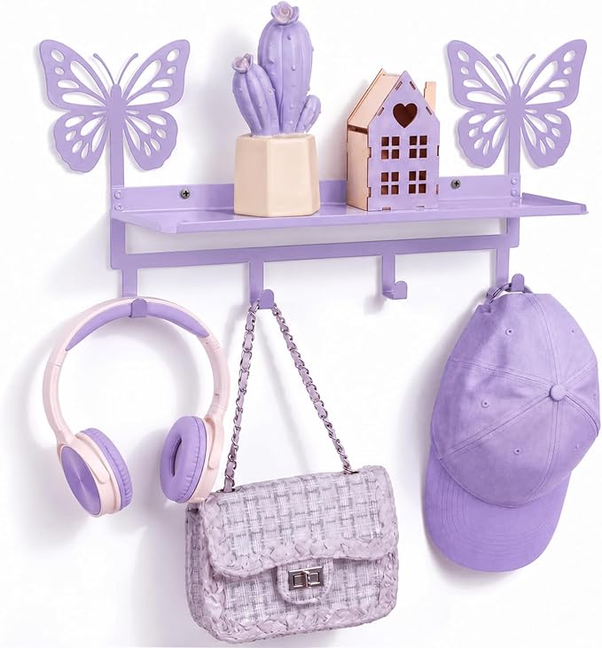 Purple Butterfly Coat Rack Wall Mount with Shelf Metal Entryway Hanging Shelf with 4 Hooks Cute Beach Coastal Bedroom Accessories Decor for Dog Leash Pet Collar Keys Clothes Hats Towel Purse