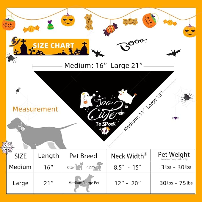 Halloween Dog Bandana, Too Cute to Spook Sign for Medium Large Pet