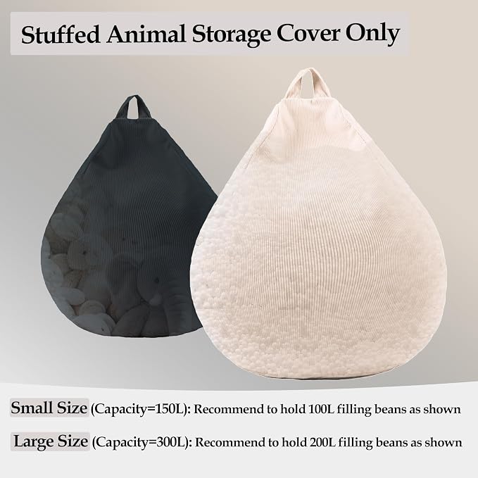 LPMOERA Stuffed Animal Storage Soft Bean Bag Chair Cover No Filler Beige | Skin-Friendly,Portable,Wide Easy-Load Opening,Hidden Zipper,Decorative Organizer
