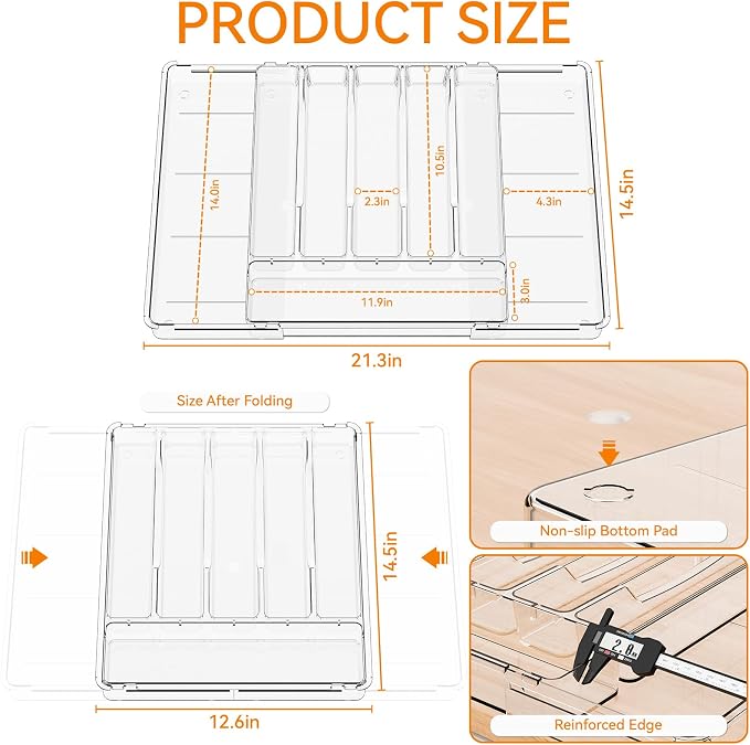 Large Clear Expandable Silverware Drawer Organizer for Kitchen,BPA FREE Adjustable Utensil Drawer Organizer and Silverware Tray,Plastic Flatware Organizers,Cutlery,Knife,Fork and Spoon Holder