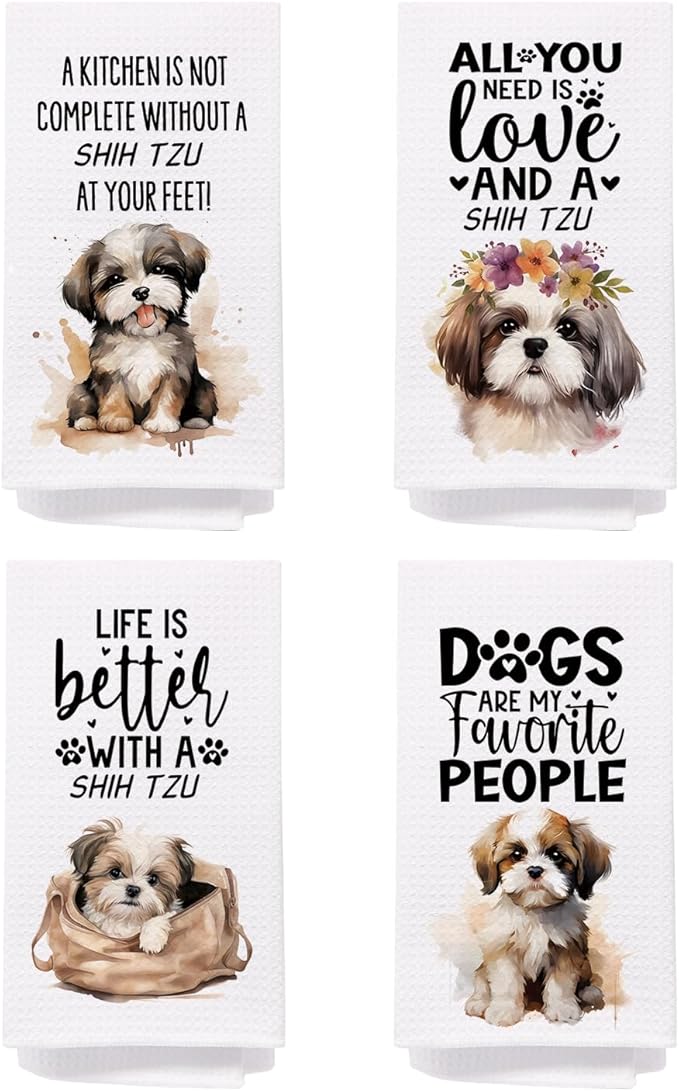 SPBL&L Shih Tzu Dog Kitchen Towels Set of 4, Shih Tzu Gifts for Women, Shih Tzu Decor Tea Dish Towels for Kitchen, Shih Tzu Decorative Hand Towels for Bathroom, 16x24 Inches