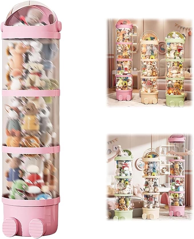 Clear Storage Tube Organizer, Vertical Stuffed Animal Display Container with Pull Button, PET Storage Tower for Plush Collection and Home Organization (PKB, 51.18 in)