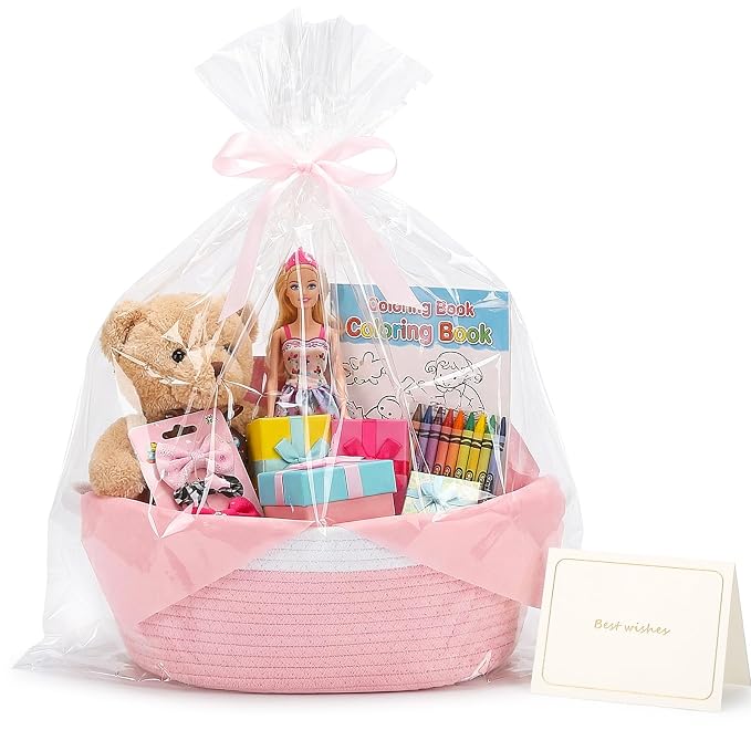 woric Baby Gifts Basket 12 x 8 x 5 in Small Woven Basket Rope Baskets | Soft Cotton for Wedding Gifts Empty Baby Shower Toy Storage Girls Birthday (Pink with Gift Bag Card Ribbon Tissue Paper)