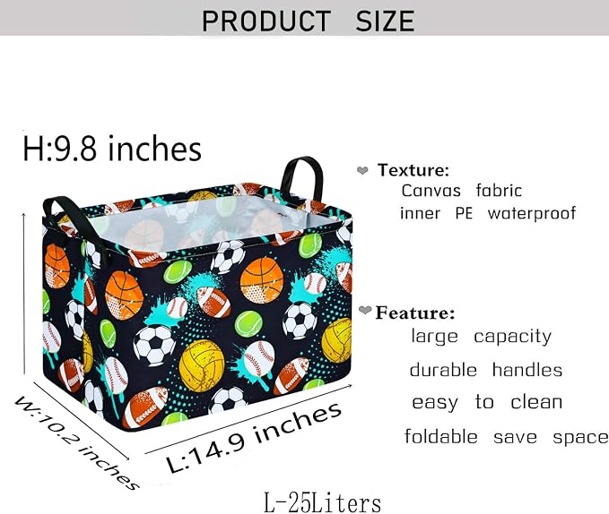 Kid Clothes Storage Basket Gift Shelf Basket Toy Storage Bin, Nursery Basket Organizer Box for With Handles for Room Deco Football Basketball Pattern