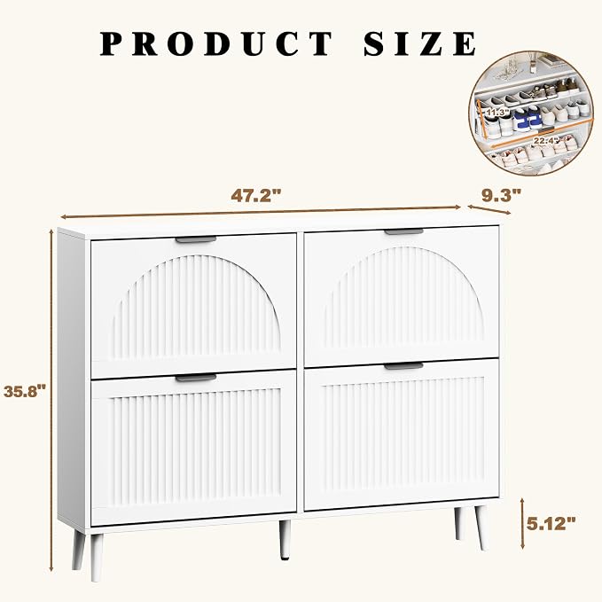 Shoe Storage Cabinet with 2 Flip Drawers, Narrow Wood Shoe Organizer Cabinet, Slim Freestanding Fluted Shoe Cabinet for Entryway, Living Room, Hallway (White, 4-Drawers)
