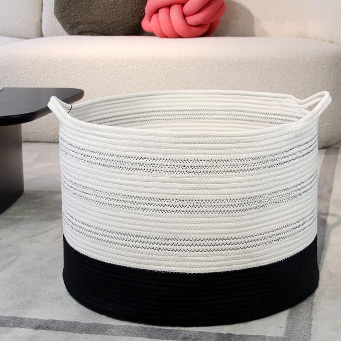 Casaphoria XXXLarge Cotton Rope Basket 22" X 22"X 14" Blanket Basket for Living Room Woven Basket Soft Laundry Blanket Basket storage basket bin with Handle（pack of 1）