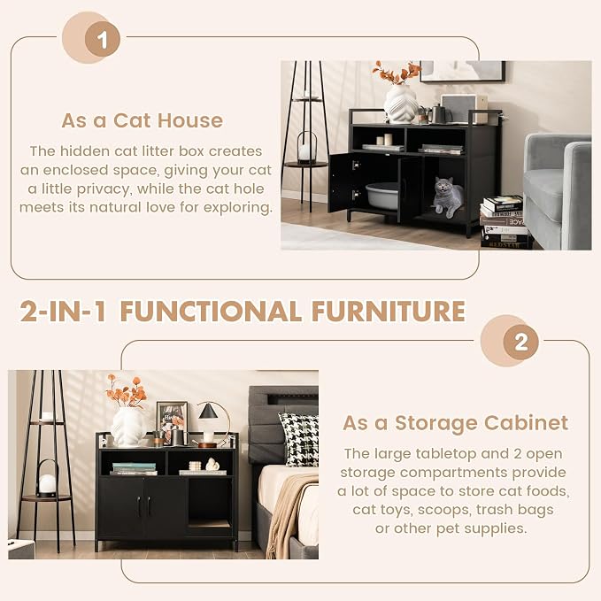 GIANTEX Cat Litter Box Enclosure, Hidden Cat Cabinet Furniture, Dog-Proof | Scratch Pad, Front Entry, Double Doors, 2-Compartment Storage, Wooden Pet House Washroom End Side Table for Living Room