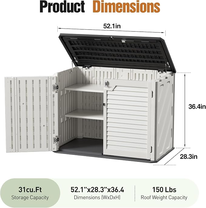 31 Cu.Ft Resin Outdoor Storage Cabinet with 2 Shelves & Floor, Weatherproof Plastic Vertical Outdoor Storage Shed for Garden Backyard Patio Pool Tool